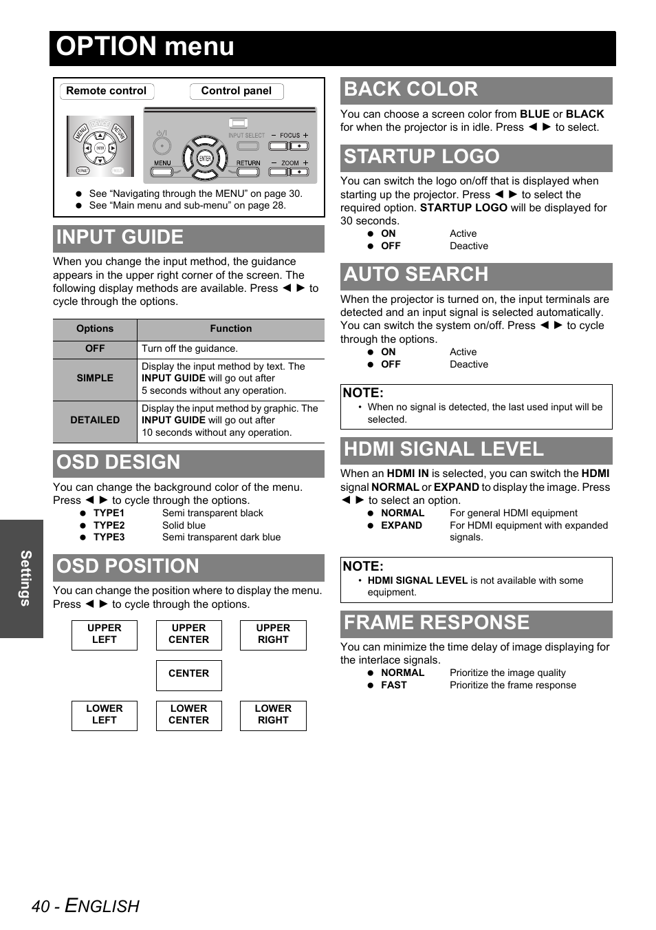Option menu, Input guide, Osd design | Osd position, Back color, Startup logo, Auto search, Hdmi signal level, Frame response, Osd design osd position | Panasonic PT-AE2000U User Manual | Page 40 / 58