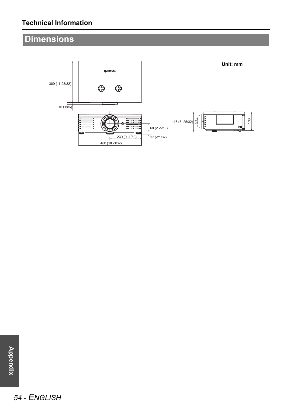 Dimensions, Nglish, Technical information | Appendix | Panasonic PT-AE2000U User Manual | Page 54 / 58