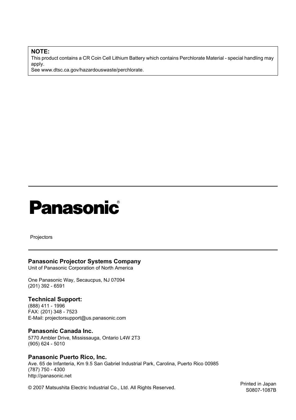 Panasonic PT-AE2000U User Manual | Page 58 / 58