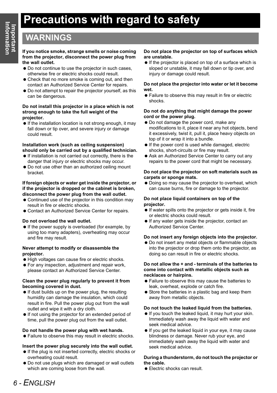 Precautions with regard to safety, Warnings, Nglish | Important information | Panasonic PT-AE2000U User Manual | Page 6 / 58