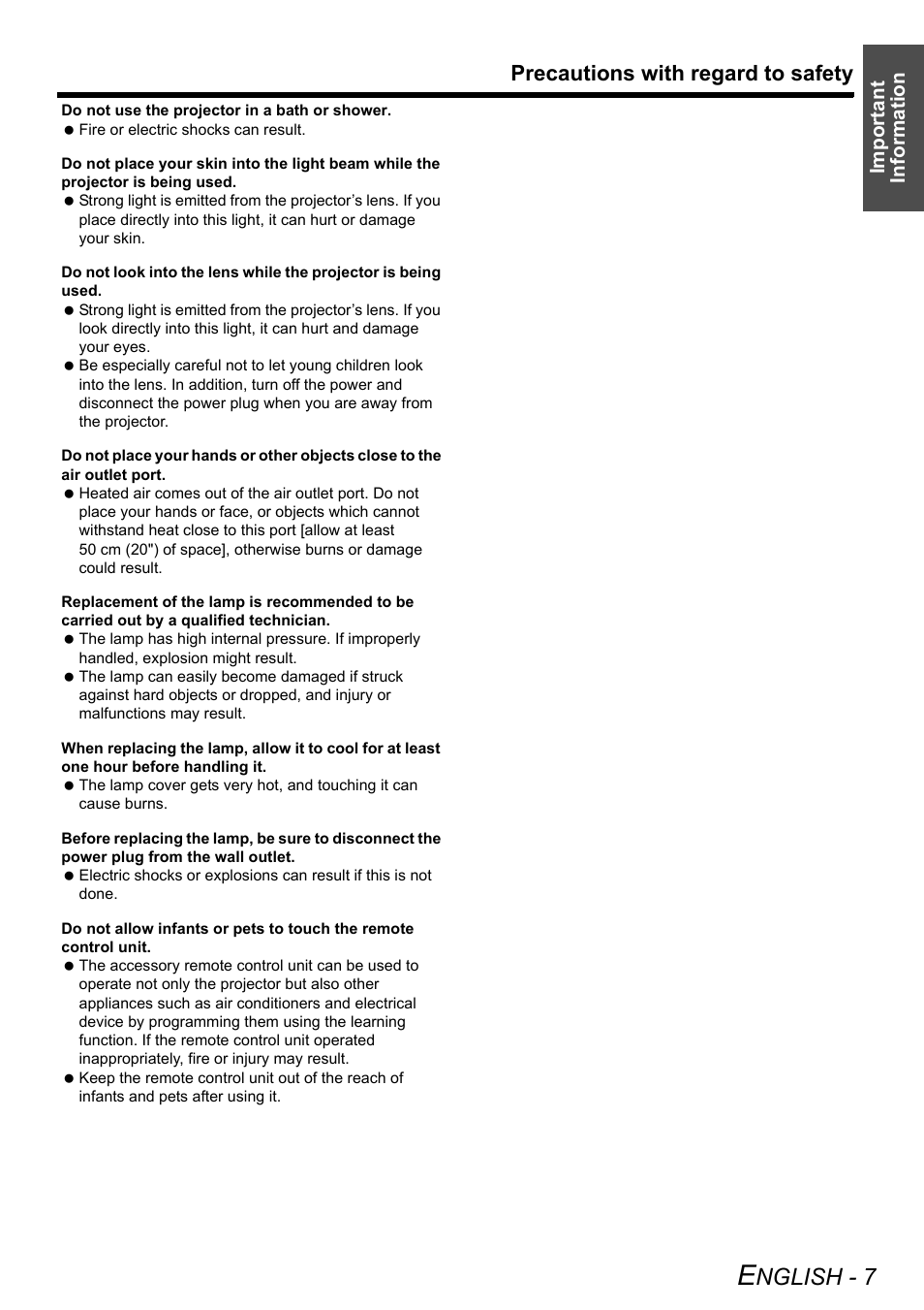 Nglish - 7, Precautions with regard to safety, Important information | Panasonic PT-AE2000U User Manual | Page 7 / 58