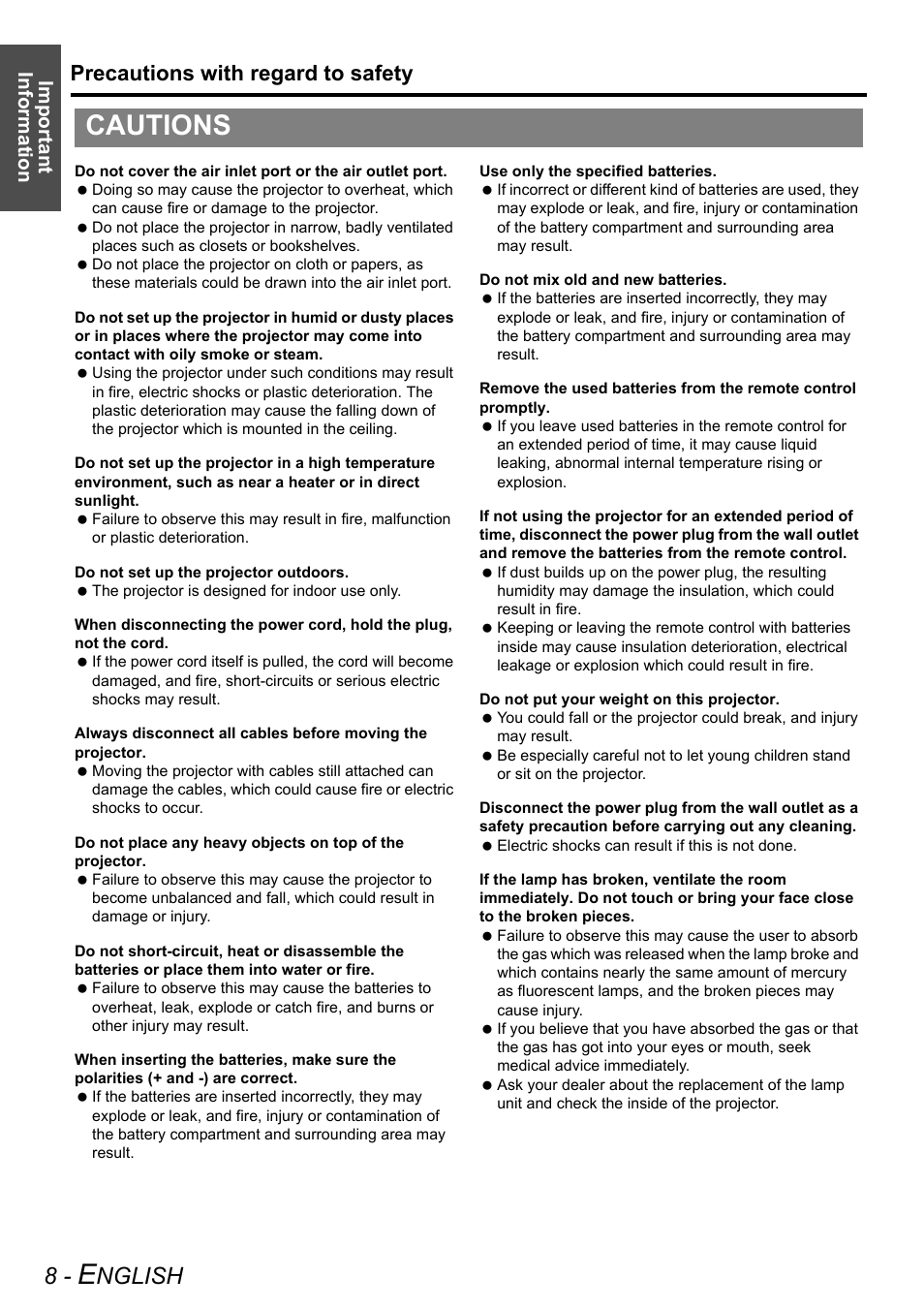 Cautions, Nglish, Precautions with regard to safety | Important information | Panasonic PT-AE2000U User Manual | Page 8 / 58