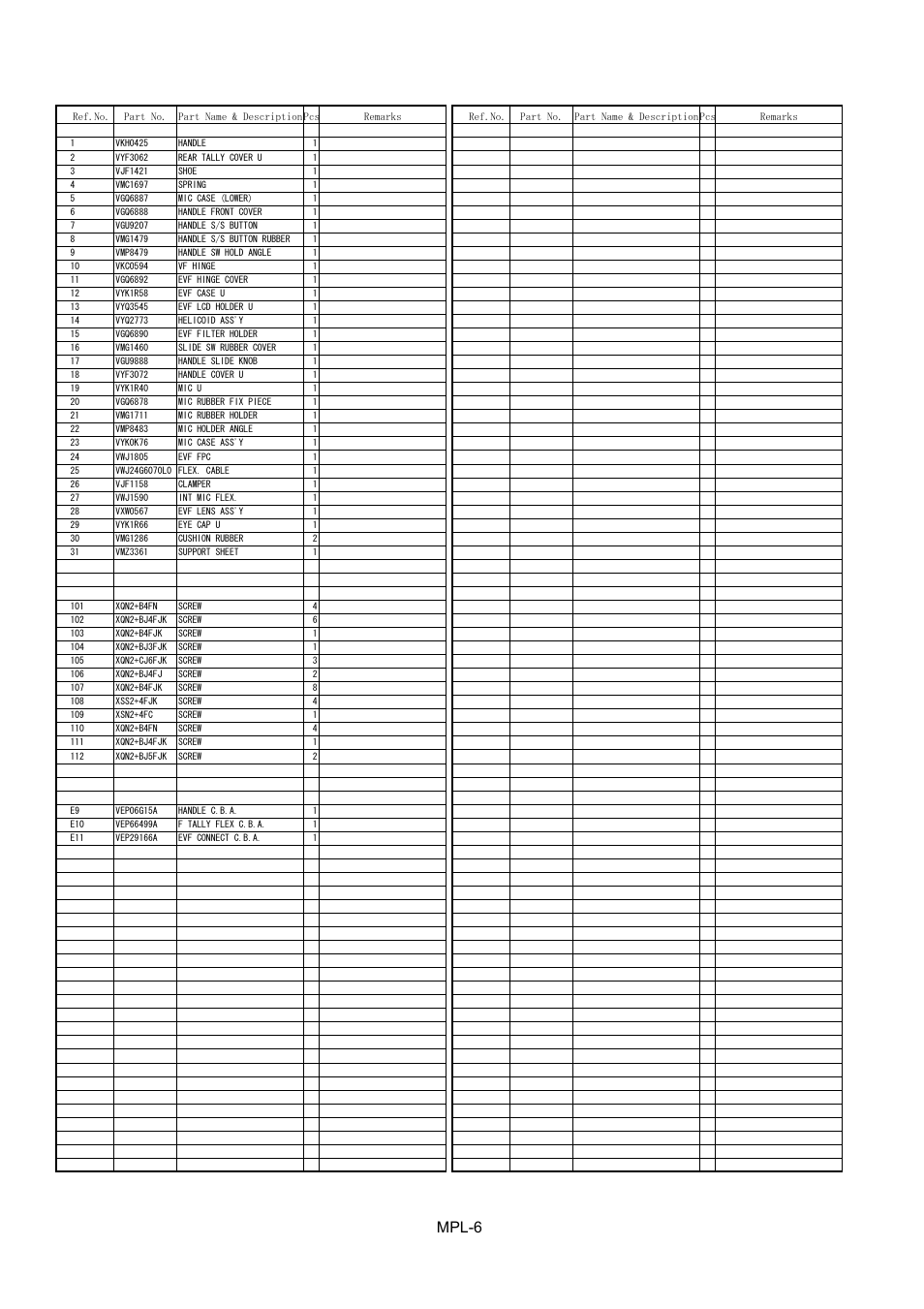 Handle evf parts assembly, Mpl-6 | Panasonic AG-DVX100BP User Manual | Page 7 / 11