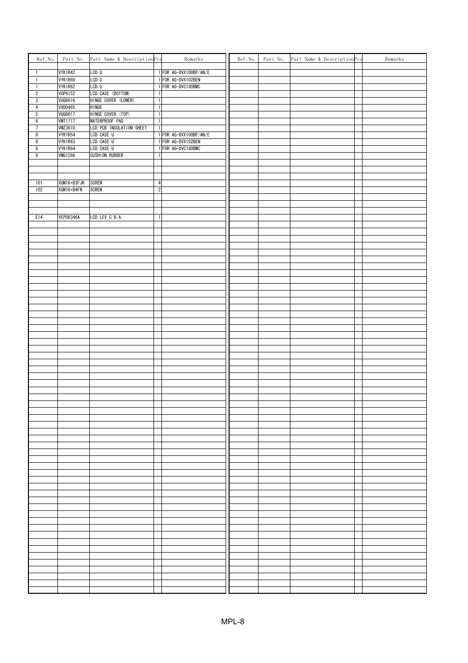 Lcd parts assembly, Mpl-8 | Panasonic AG-DVX100BP User Manual | Page 9 / 11