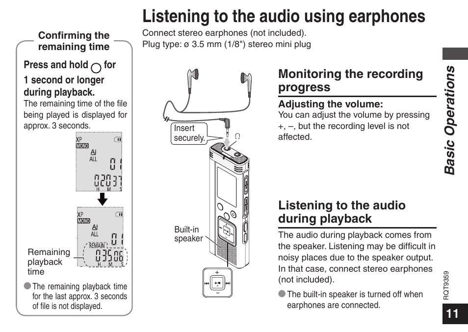 Listening to the audio using earphones, Basic operations, Listening to the audio during playback | Monitoring the recording progress | Panasonic H1208TY0 User Manual | Page 11 / 44