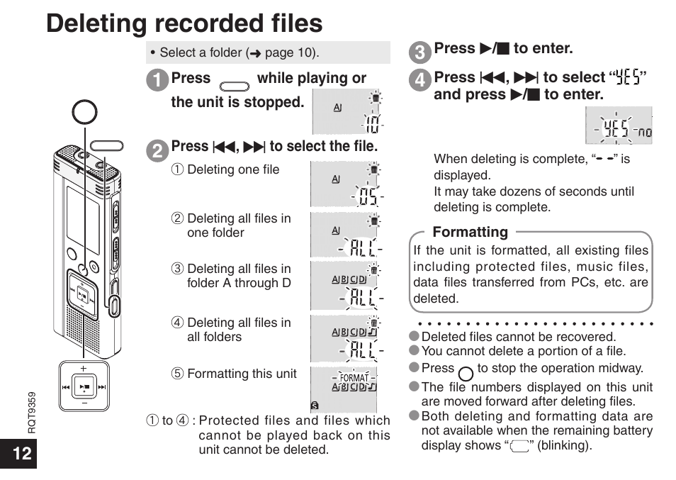 Deleting recorded fi les, Deleting recorded files | Panasonic H1208TY0 User Manual | Page 12 / 44