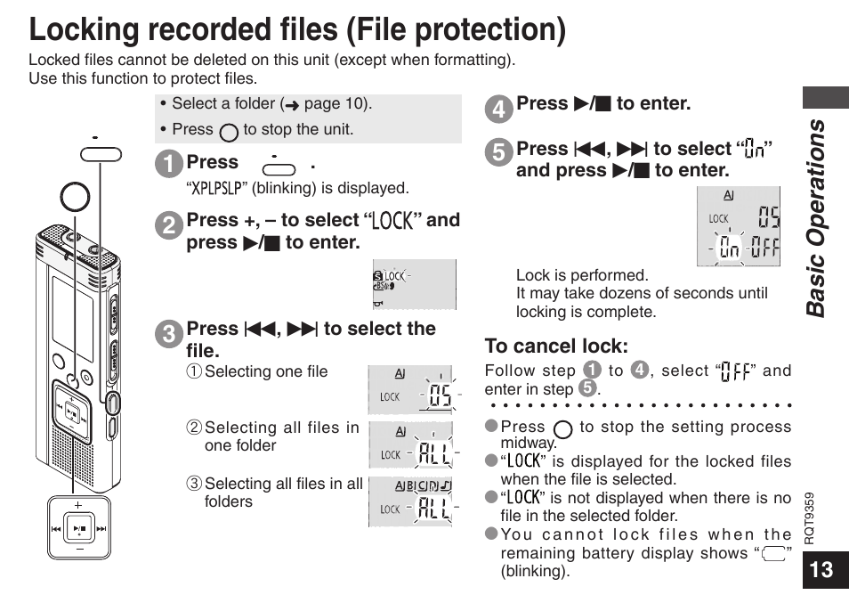 Locking recorded fi les (file protection), Locking recorded files (file protection), Basic operations | Panasonic H1208TY0 User Manual | Page 13 / 44