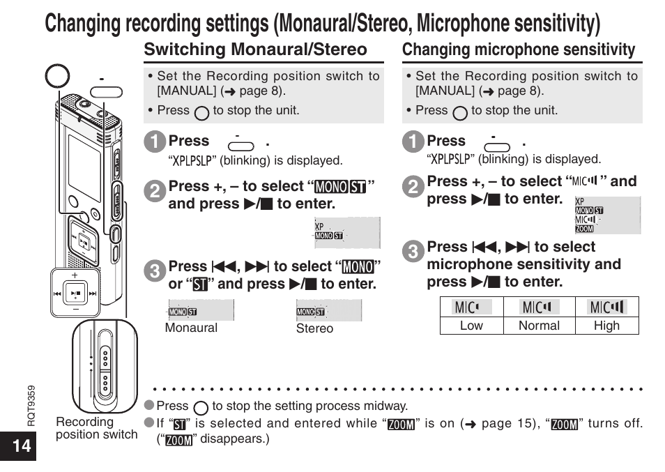 Advanced operations, Switching monaural/stereo, Changing microphone sensitivity | Panasonic H1208TY0 User Manual | Page 14 / 44