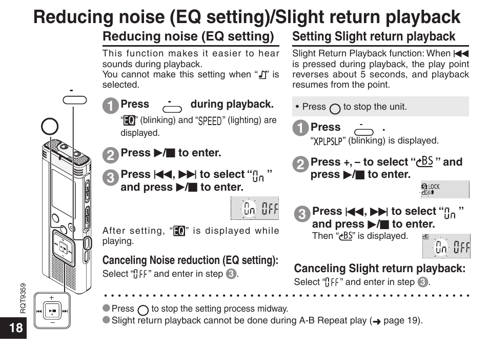 Reducing noise (eq setting), Slight return playback, Reducing noise (eq setting)/slight return playback | Setting slight return playback | Panasonic H1208TY0 User Manual | Page 18 / 44