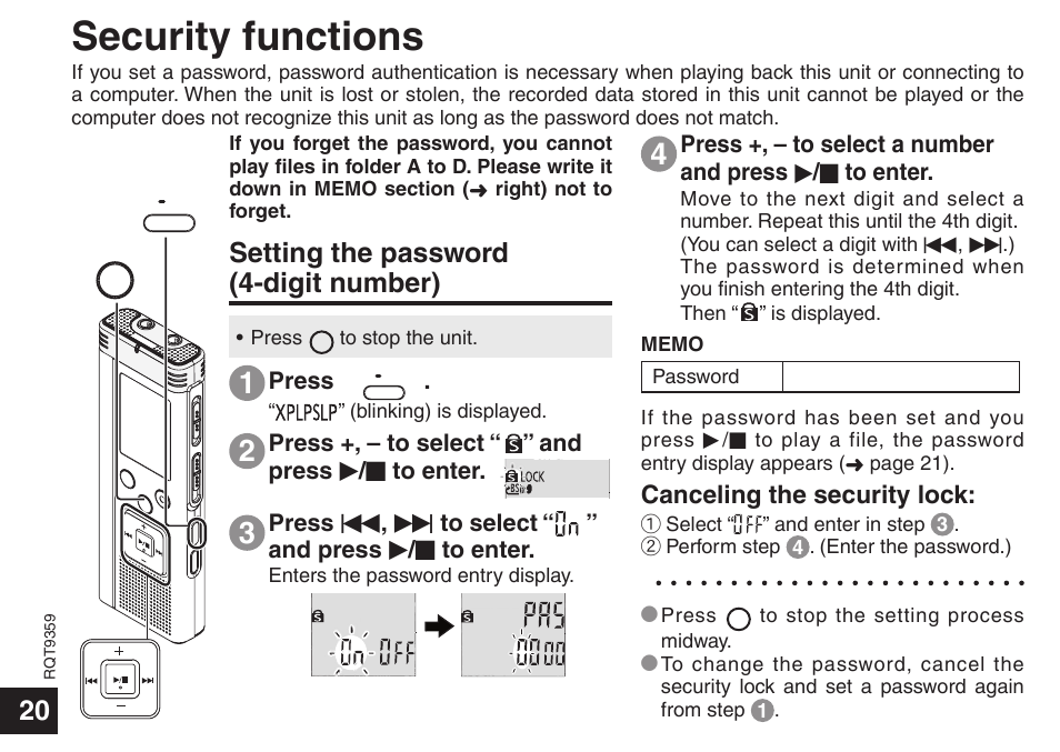 Security functions, Setting the password (4-digit number) | Panasonic H1208TY0 User Manual | Page 20 / 44