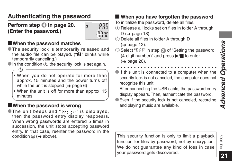 Ad vanced operations, Authenticating the password | Panasonic H1208TY0 User Manual | Page 21 / 44