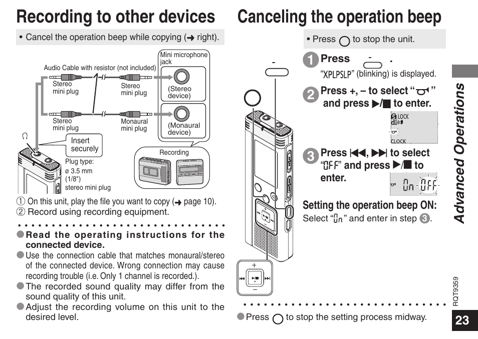 Recording to other devices, Canceling the operation beep, Ad vanced operations | Setting the operation beep on | Panasonic H1208TY0 User Manual | Page 23 / 44