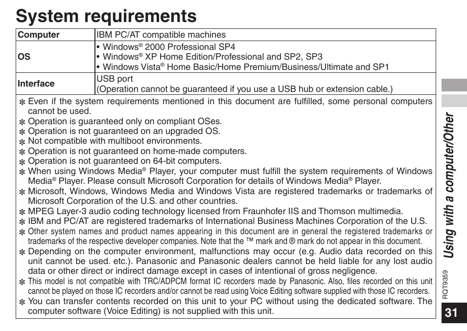 Other, System requirements, Using with a computer/other | Panasonic H1208TY0 User Manual | Page 31 / 44