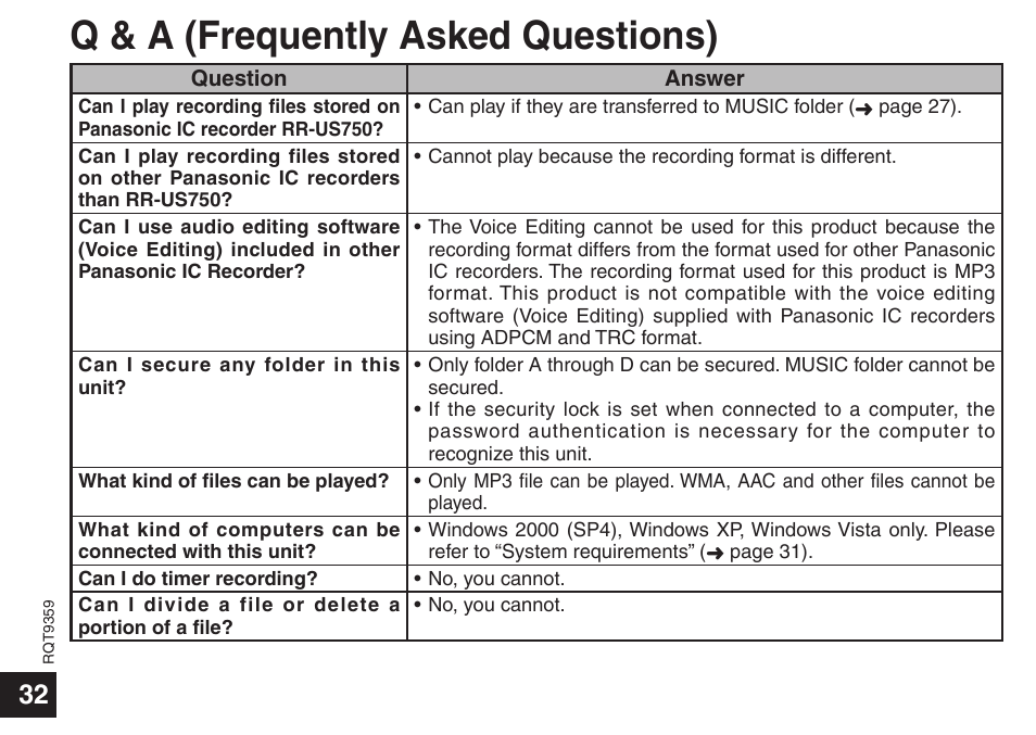 Q & a (frequently asked questions) | Panasonic H1208TY0 User Manual | Page 32 / 44