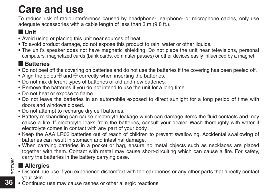 Care and use | Panasonic H1208TY0 User Manual | Page 36 / 44