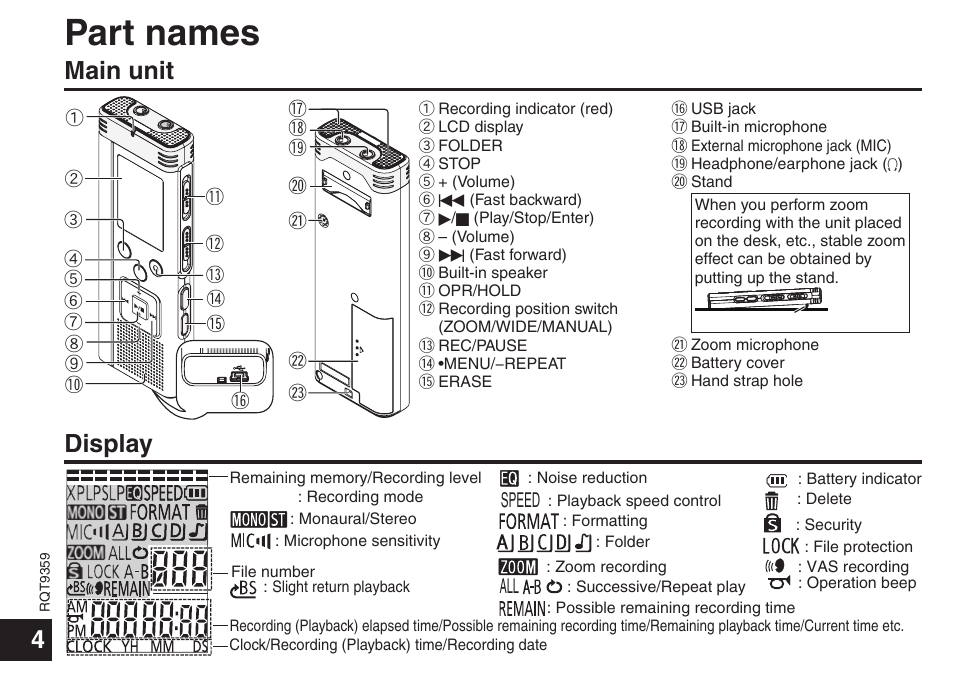 Part names, Main unit display | Panasonic H1208TY0 User Manual | Page 4 / 44