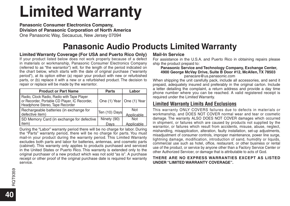 Limited warranty, Panasonic audio products limited warranty | Panasonic H1208TY0 User Manual | Page 40 / 44