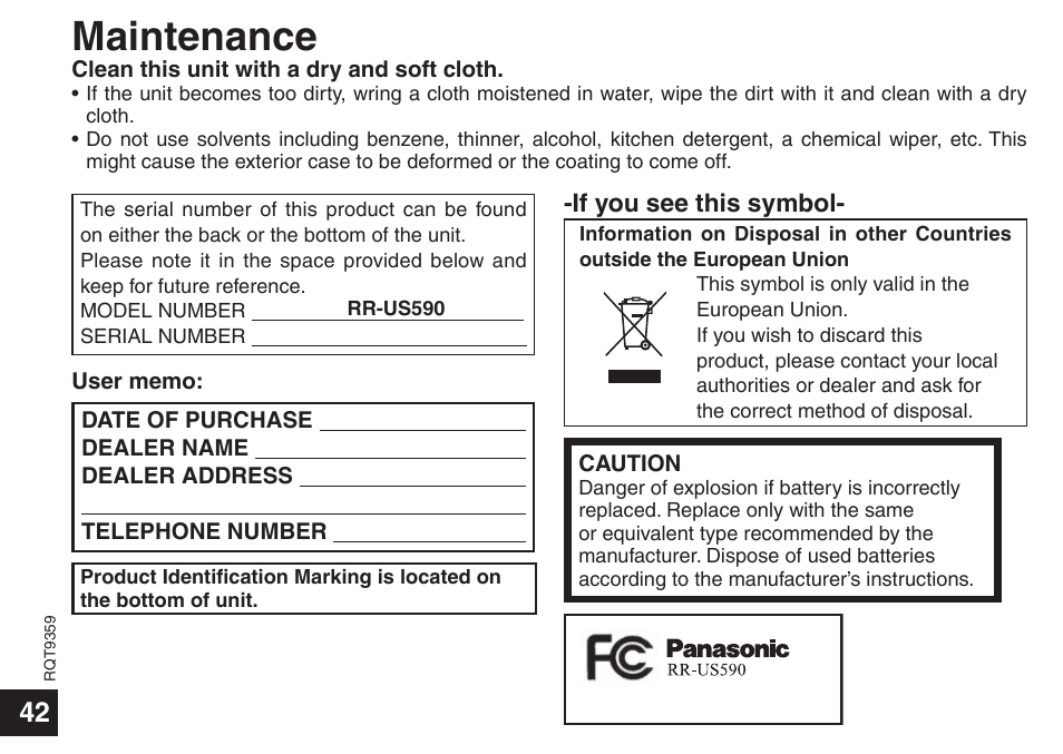 Maintenance | Panasonic H1208TY0 User Manual | Page 42 / 44