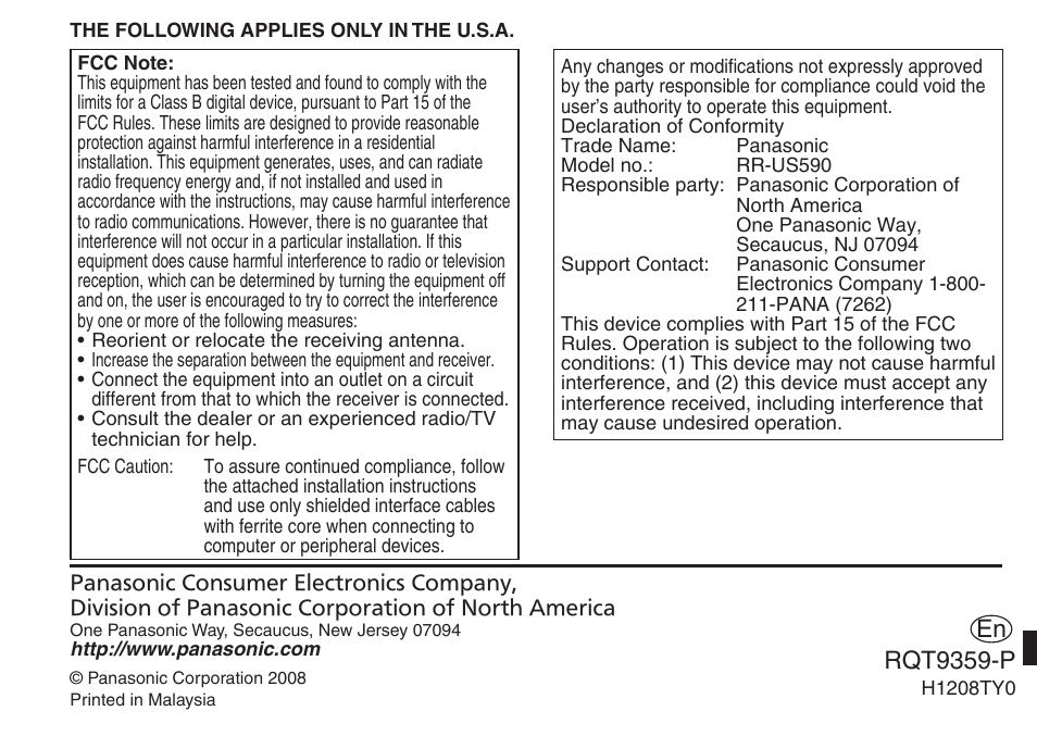 En rqt9359-p | Panasonic H1208TY0 User Manual | Page 44 / 44