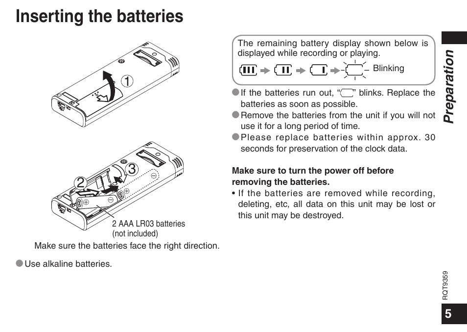 Inserting the batteries, Preparation | Panasonic H1208TY0 User Manual | Page 5 / 44