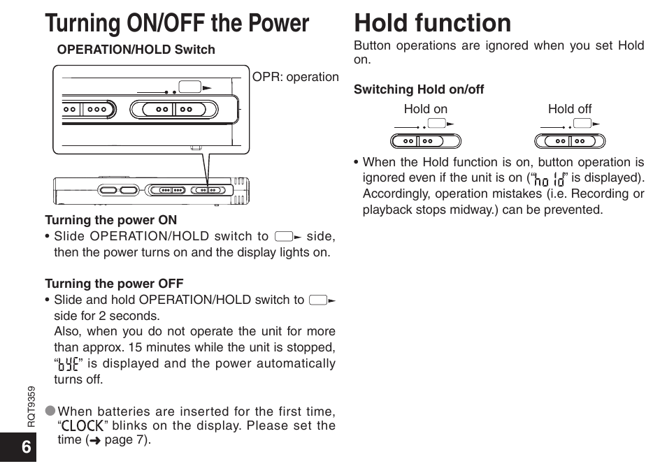 Turning on/off the power, Hold function, Turning on/off the power hold function | Panasonic H1208TY0 User Manual | Page 6 / 44