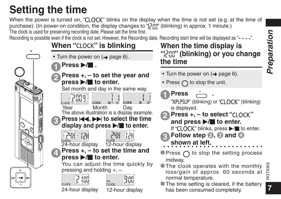 Setting the time, 12 3 preparation, When “ ” is blinking | Panasonic H1208TY0 User Manual | Page 7 / 44