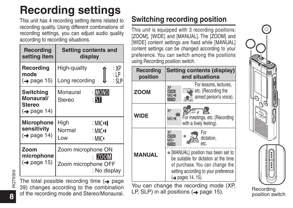 Basic operations, Recording settings, Switching recording position | Panasonic H1208TY0 User Manual | Page 8 / 44