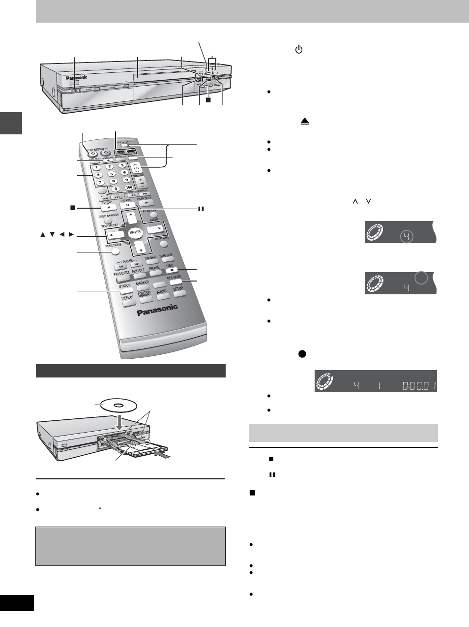 Recording, Recording television programs, Press [ í , dvd power] to turn the unit on | Press [hdd] or [dvd] to select the recording drive, Press [ ¥ , rec] to start recording, Inserting discs | Panasonic DMR-E100H User Manual | Page 14 / 72