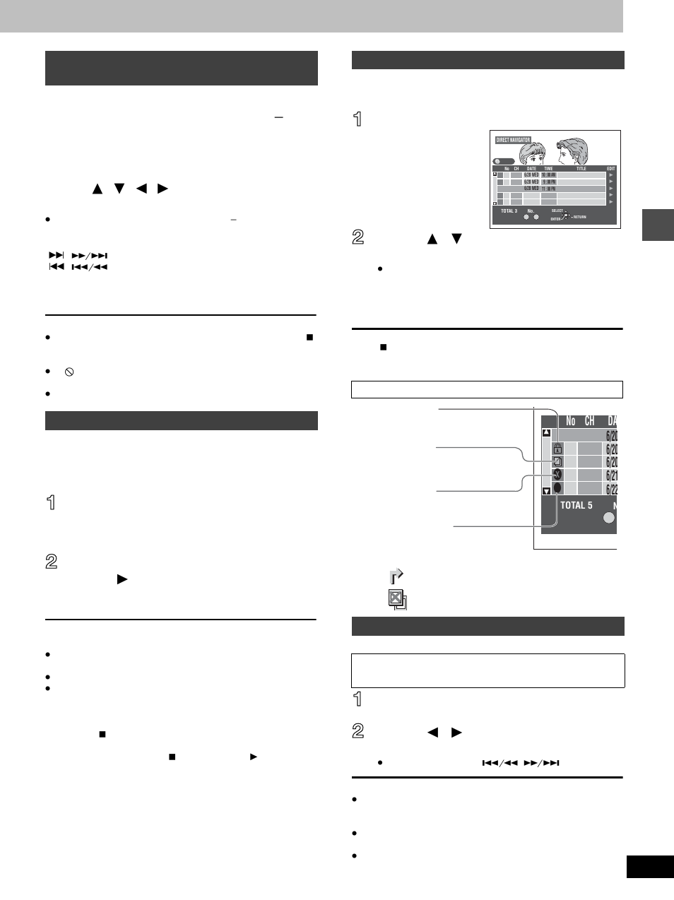 Press [ 1 ] (play), Press [direct navigator, Press [erase | Press [ 2 , 1 ] to select “erase” and press [enter, No da ch | Panasonic DMR-E100H User Manual | Page 19 / 72