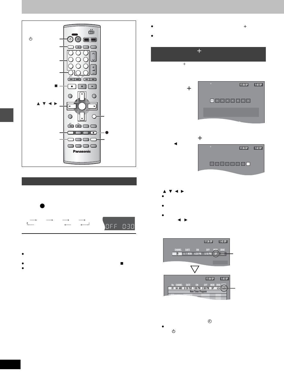 Timer recording, Press [ ¥ , rec] to select the recording time, Press [vcr plus r | Press [enter, Press [return, Specify a time to stop recording, Using vcr plus r codes to make timer recordings, Timer recor d ing | Panasonic DMR-E100H User Manual | Page 26 / 72