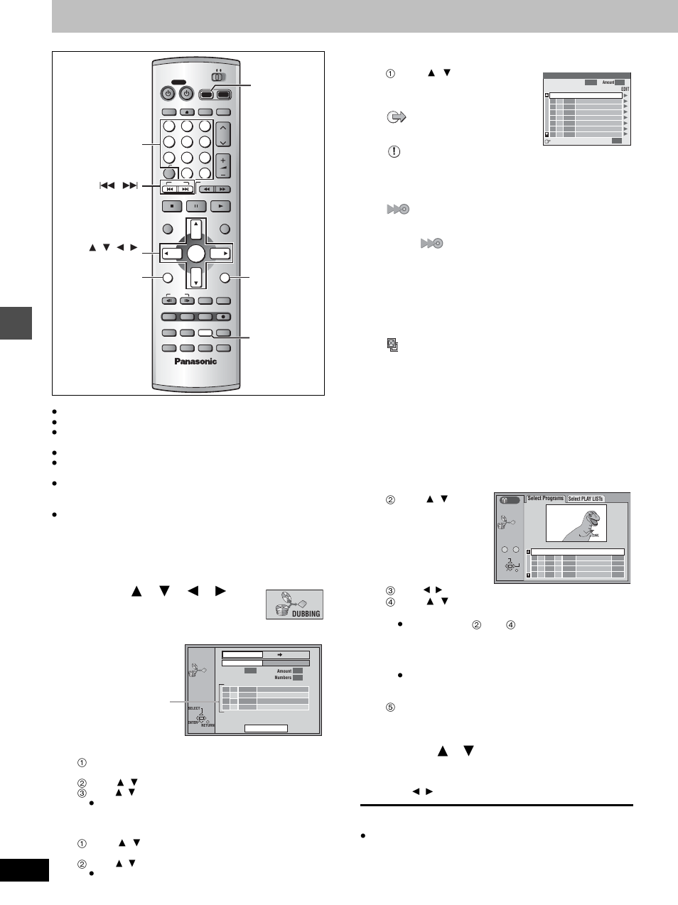 Dubbing, Dubbing programs or play list, Press [functions | Select the dubbing direction, Select the recording mode, Select items for dubbing | Panasonic DMR-E100H User Manual | Page 30 / 72