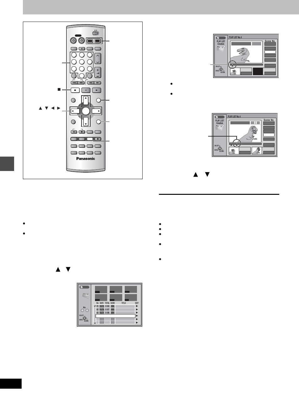 Editing, Creating play lists, Press [play list | Press [enter] at the start point, Press [enter] at the end point, Press [ 3 , 4 ] to select “exit” and press [enter | Panasonic DMR-E100H User Manual | Page 32 / 72
