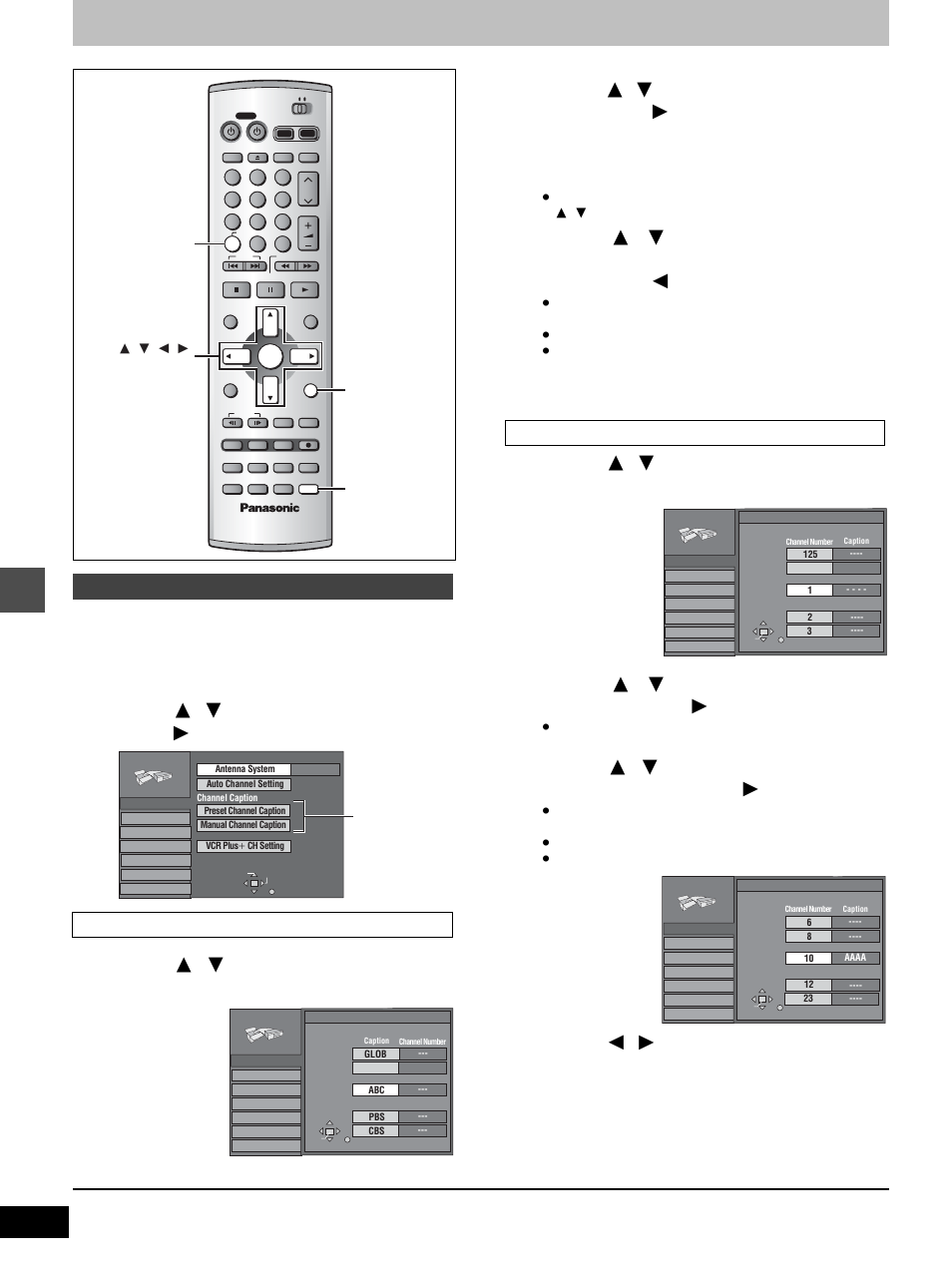 Press [setup] to show the menus, Press [ 3 , 4 ] to select “channel” and press [ 1, Press [enter | Other channel settings, Changing the unit’s settings | Panasonic DMR-E100H User Manual | Page 56 / 72