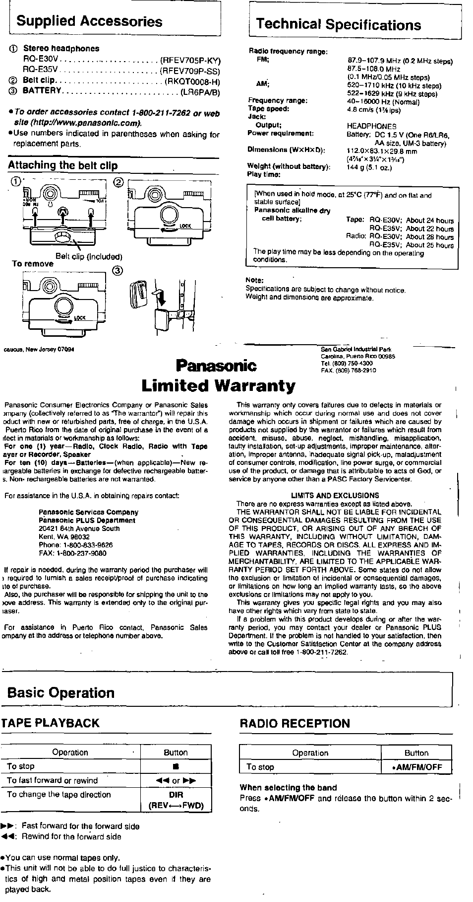 Panasonic limited warranty, Supplied accessories, Basic operation | Attaching the belt clip, Tape playback radio reception | Panasonic RQ-E30V User Manual | Page 3 / 6