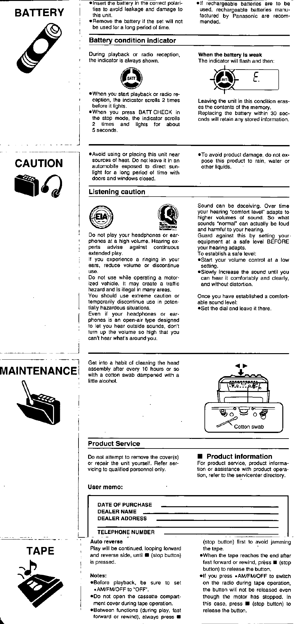 Caution, Maintenance, Battery caution | Maintenance! tape | Panasonic RQ-E30V User Manual | Page 4 / 6