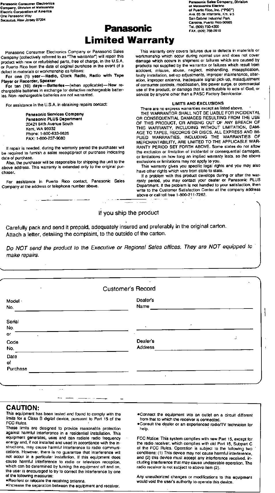Panasonic limited warranty, Caution, If you ship the product | Customer’s record | Panasonic RQ-E30V User Manual | Page 6 / 6