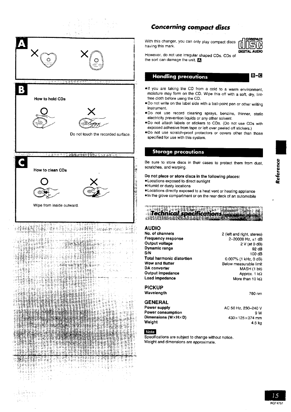 Handling precautions, Storage precautions, Audio | Pickup, General, Concerning compact discs | Panasonic SL-PD6 User Manual | Page 15 / 16
