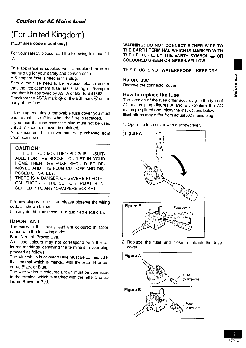 Important, This plug is not waterproof—keep dry, Before use | How to replace the fuse, For united kingdom) | Panasonic SL-PD6 User Manual | Page 3 / 16