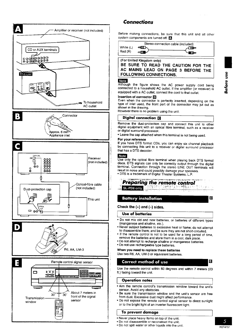 Battery installation, Correct method of use, Connections | Pts^ring the rennoie control, Correct method of use iii | Panasonic SL-PD6 User Manual | Page 5 / 16