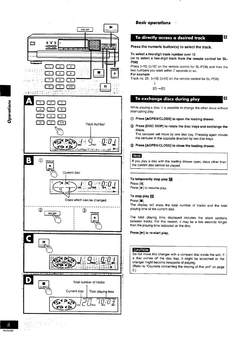 To directly access o desired track, Press the numeric button(s) to select the track, To exchange discs during ploy | Panasonic SL-PD6 User Manual | Page 8 / 16