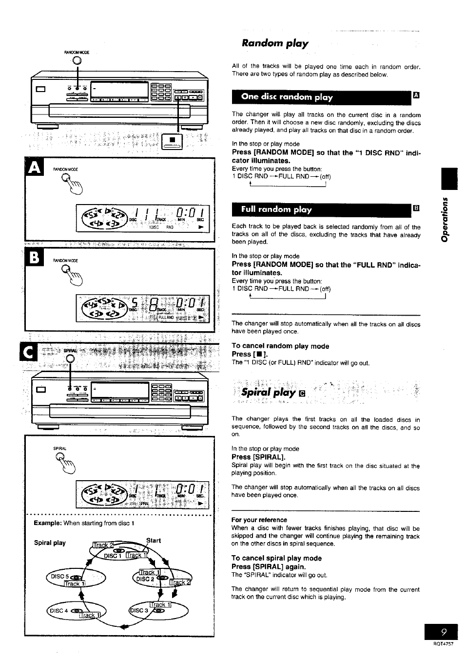One disc random play, Full random play, Random play | Spiral play b | Panasonic SL-PD6 User Manual | Page 9 / 16