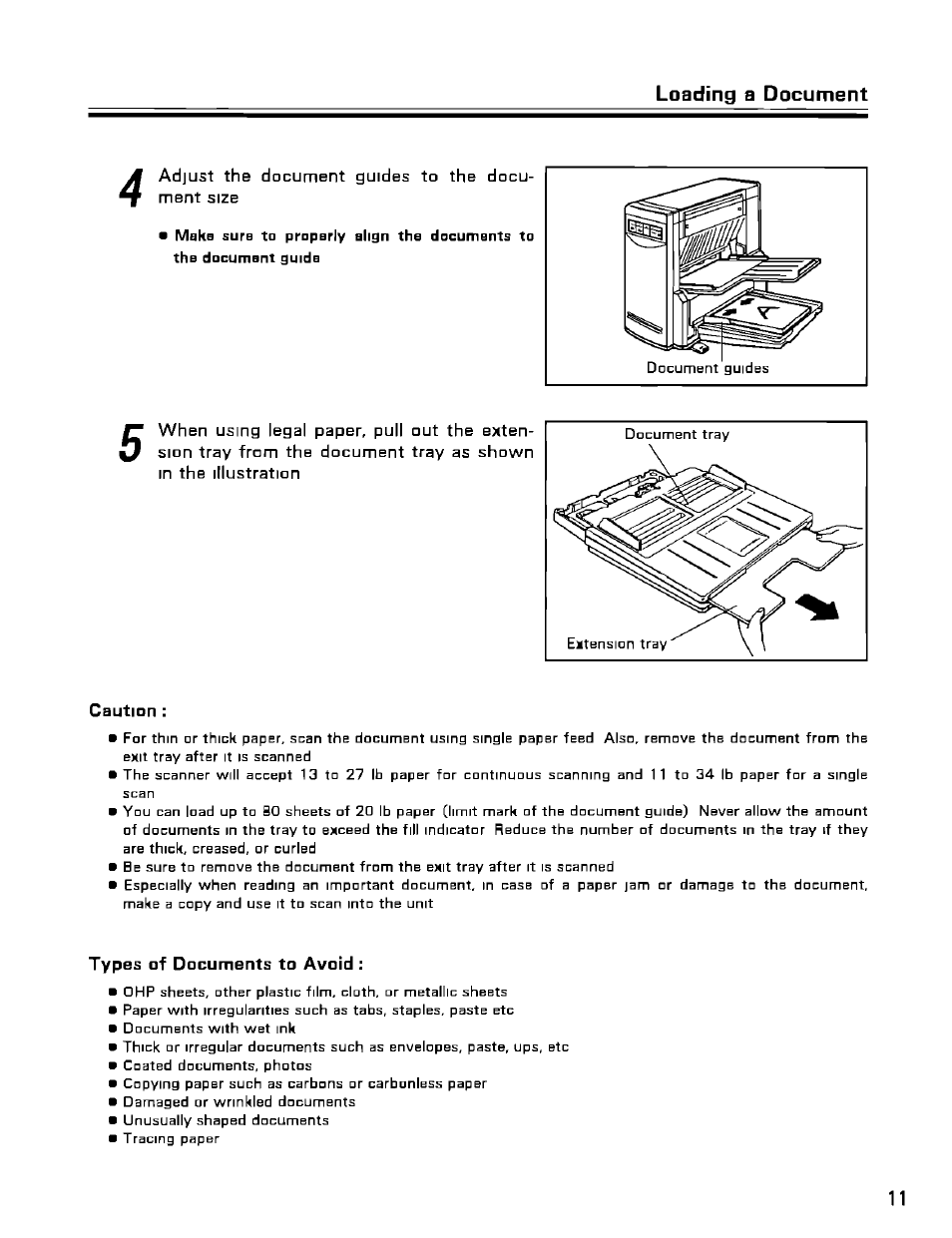 Caution, Types of documents to avoid, Loading a document | Panasonic KV-SS25U User Manual | Page 11 / 20