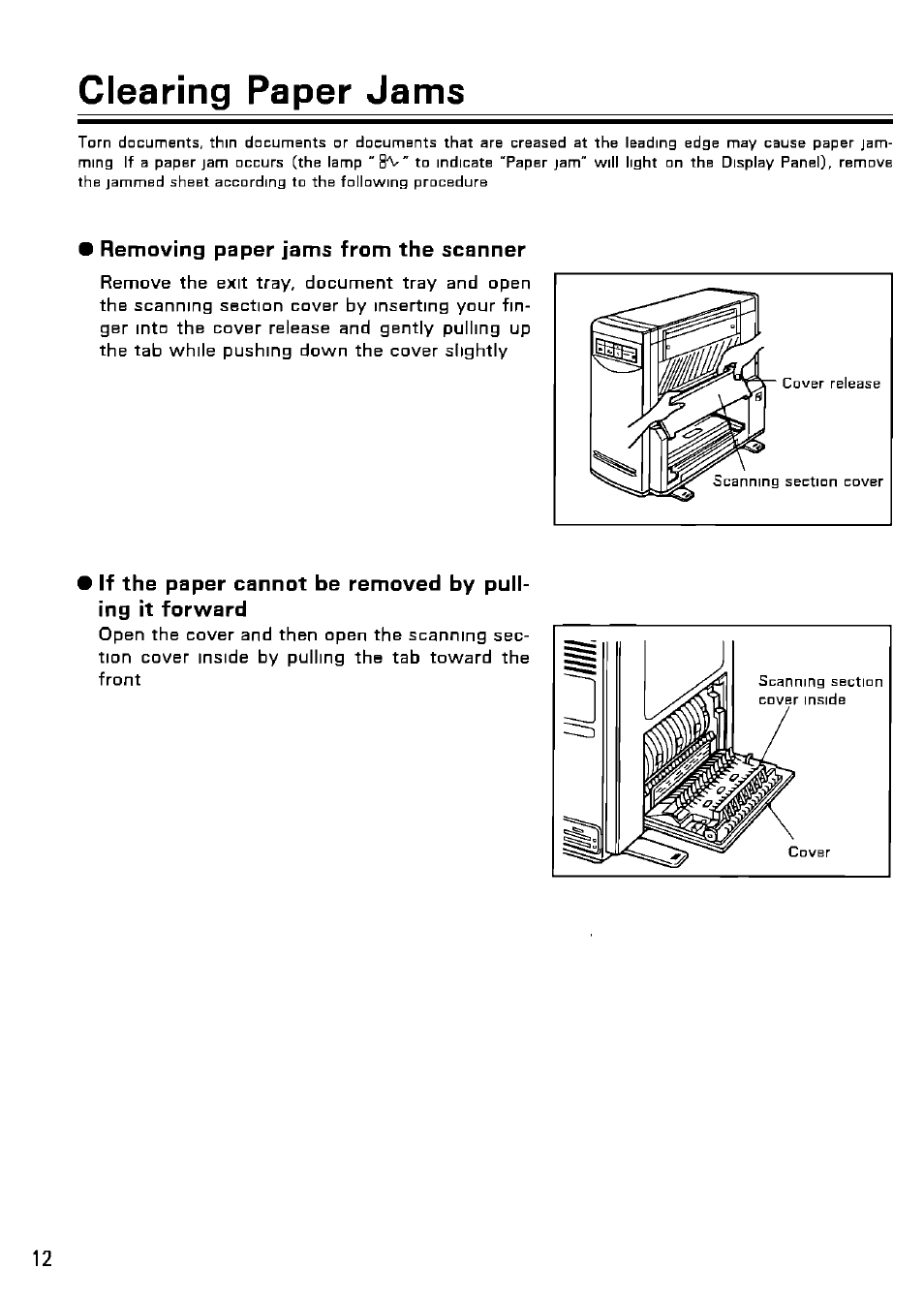 Removing paper jams from the scanner, Clearing paper jams | Panasonic KV-SS25U User Manual | Page 12 / 20