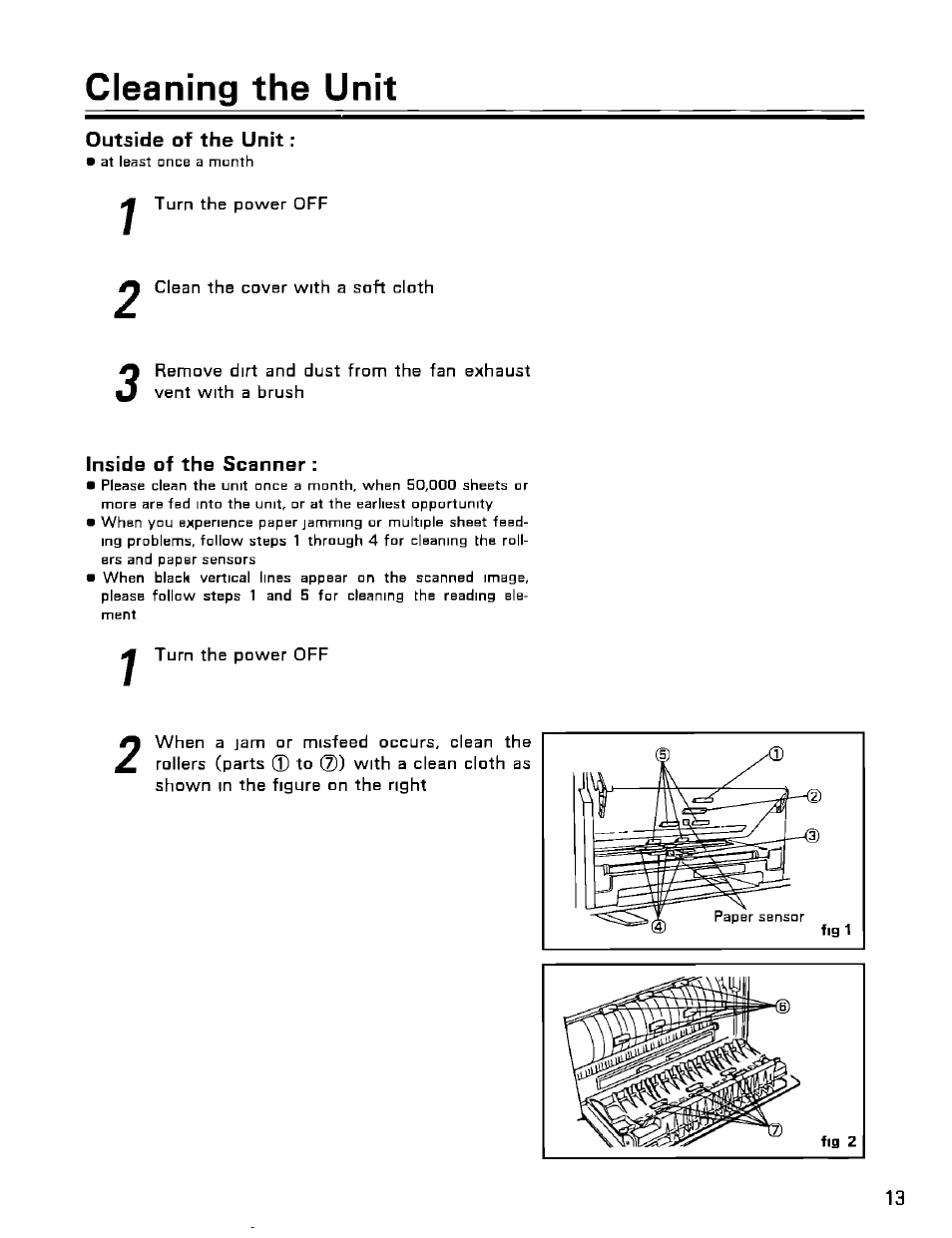 Outside of the unit, Inside of the scanner, Cleaning the unit | Panasonic KV-SS25U User Manual | Page 13 / 20