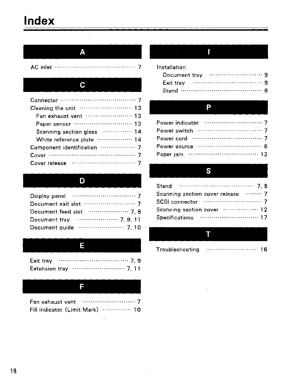 Index | Panasonic KV-SS25U User Manual | Page 18 / 20