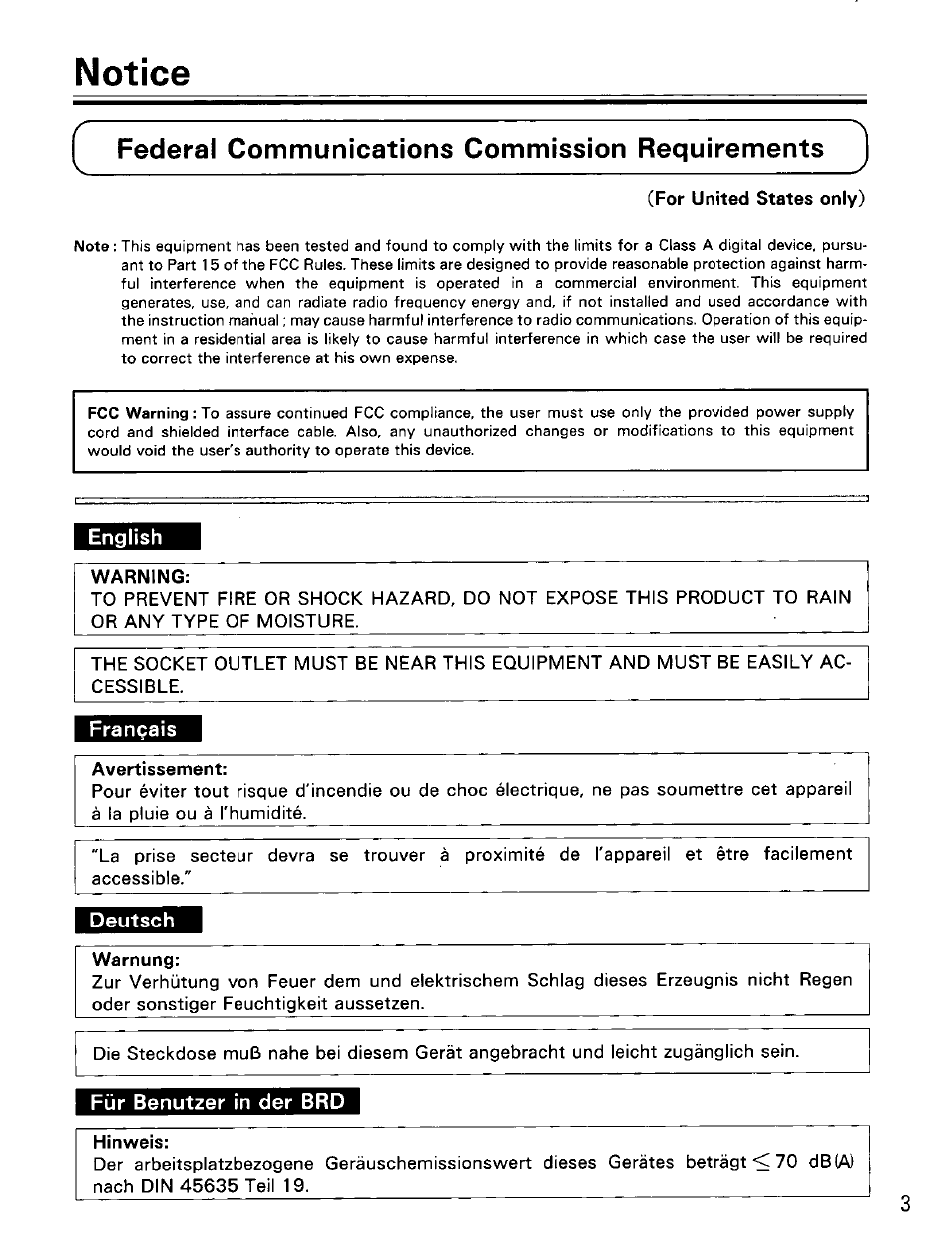 Federal communications commission requirements, For united states only), English | Warning, Français, Avertissement, Deutsch, Warnung, Für benutzer in der brd, Hinweis | Panasonic KV-SS25U User Manual | Page 3 / 20