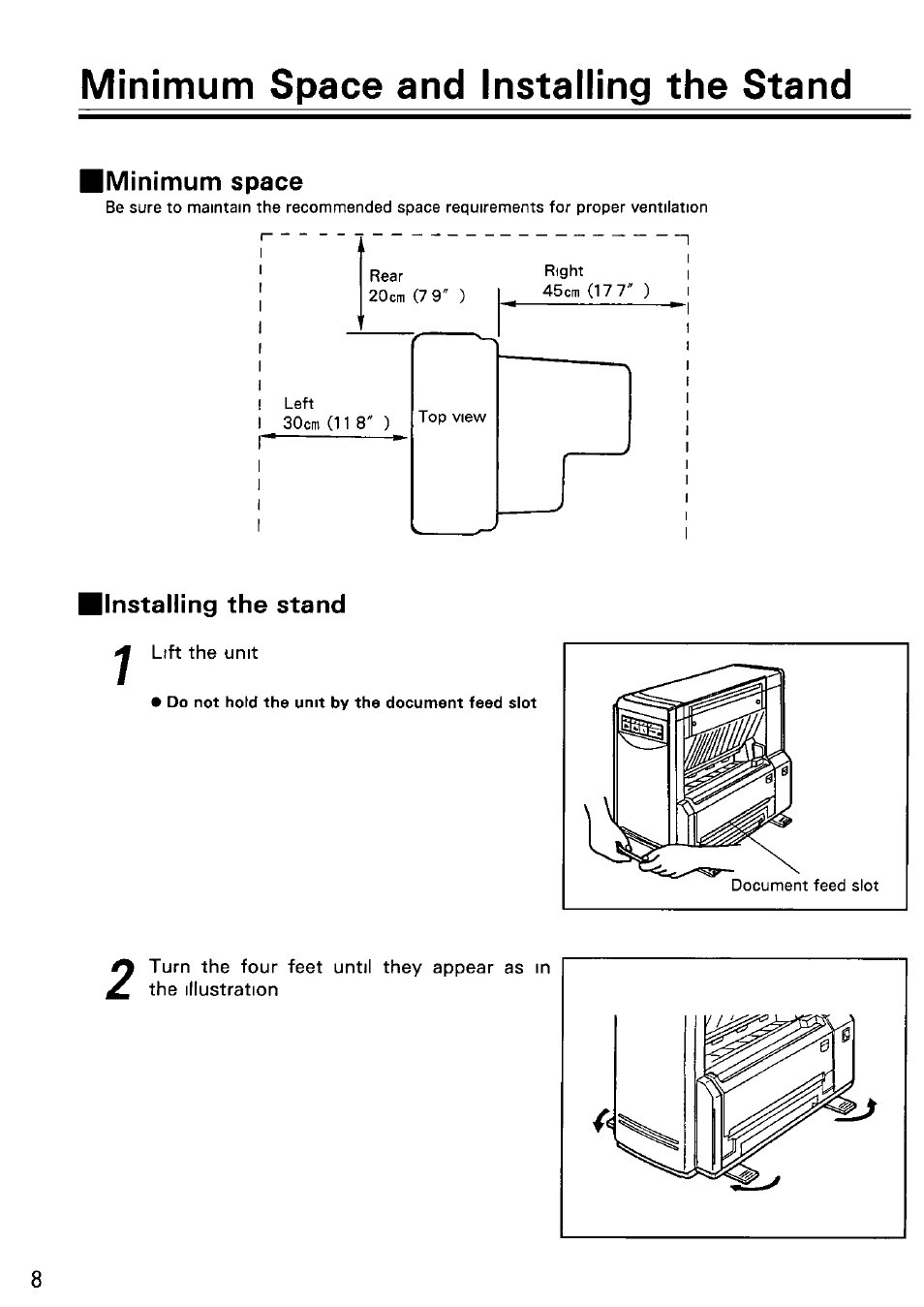Minimum space and installing the stand, Llnstalling the stand, Installing the stand | Panasonic KV-SS25U User Manual | Page 8 / 20