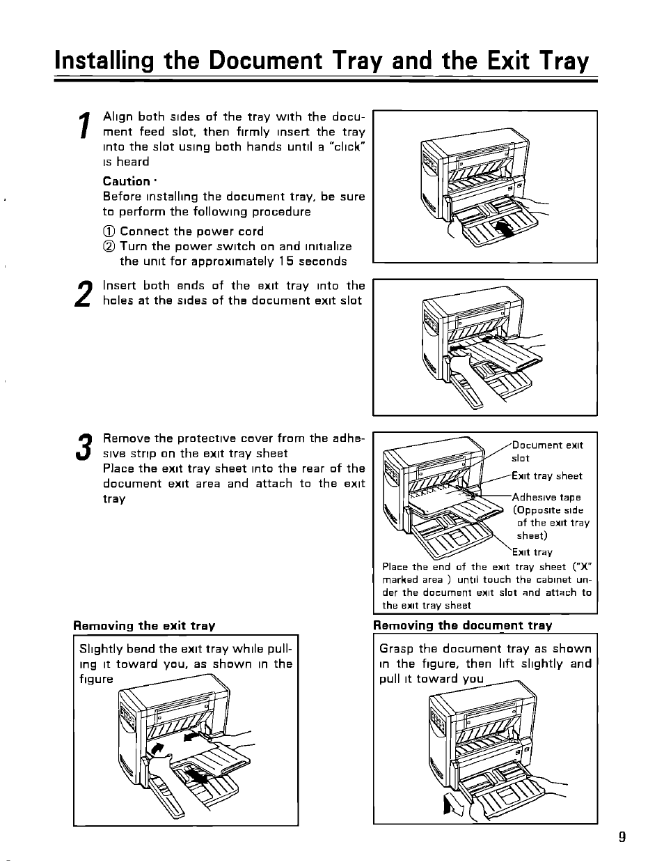Installing the document tray and the exit tray, Caution, Removing the exit tray | Panasonic KV-SS25U User Manual | Page 9 / 20