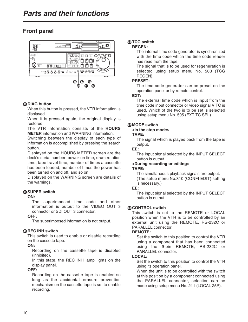Parts and their functions, Front panel, Wy [ v x z | Panasonic AJ-SD930P User Manual | Page 10 / 80