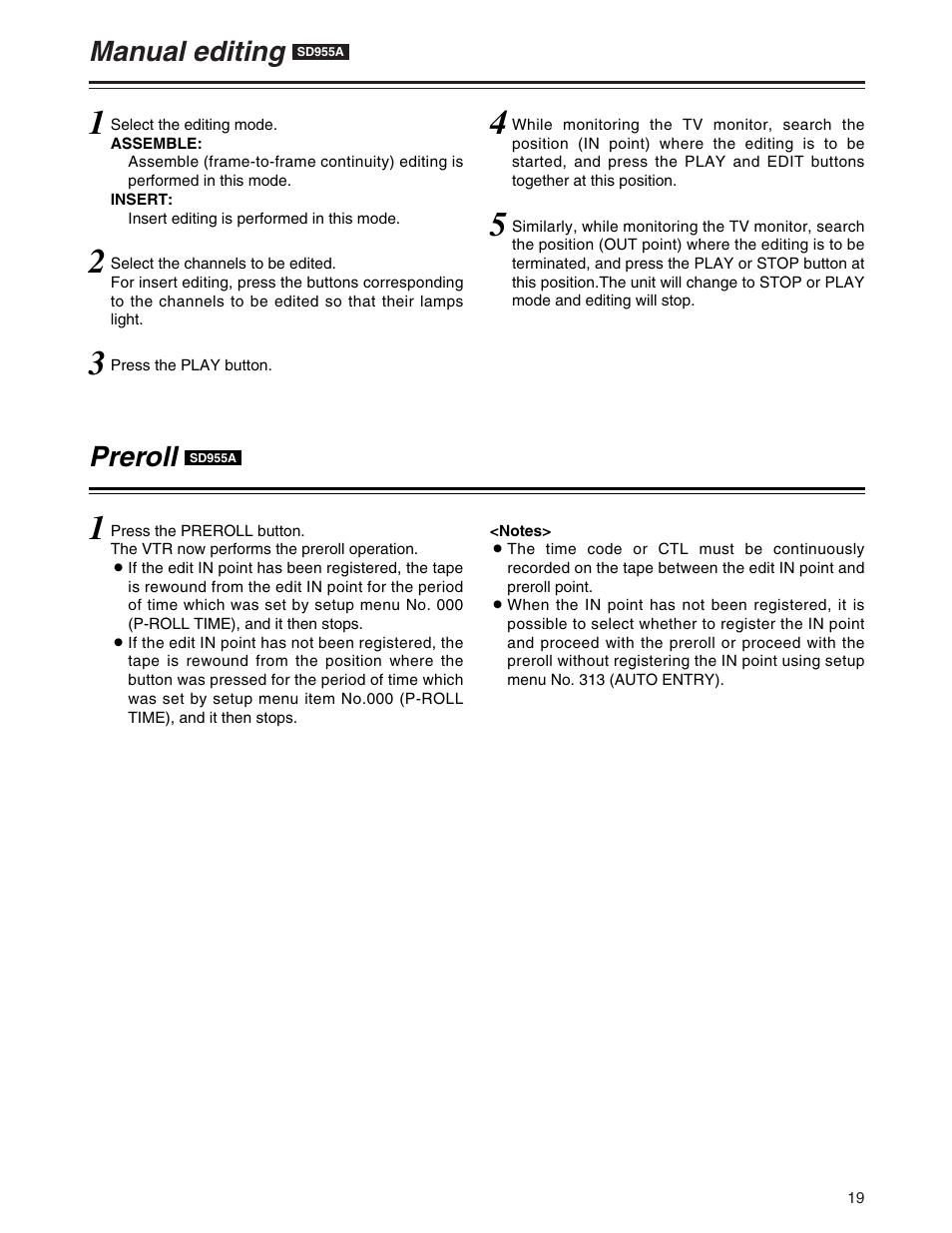 Manual editing (sd955a), Preroll (sd955a), Manual editing | Preroll | Panasonic AJ-SD930P User Manual | Page 19 / 80